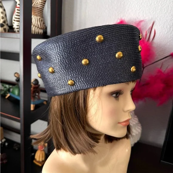 Vintage Navy Blue and Gold Studded Women's Hat - Picture 4 of 9